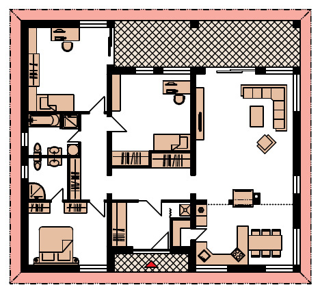 Bungalow - prosta bryła domu na planie kwadratu, 3 sypialnie i 2 łazienki