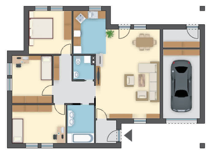 3 sypialnie pomieszczą 4-5-os. rodzinę, dom z 1-stan. garażem, salon o pow. 37 m²