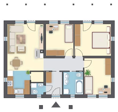 Zadaszenie tarasu w projekcie domu, salon z kominkiem 20 m², 3 sypialnie i łazienka