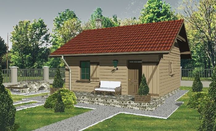 Drewniany dom z werandą może pełnić funkcję domu letniego, kuchnia i 1 sypialnia