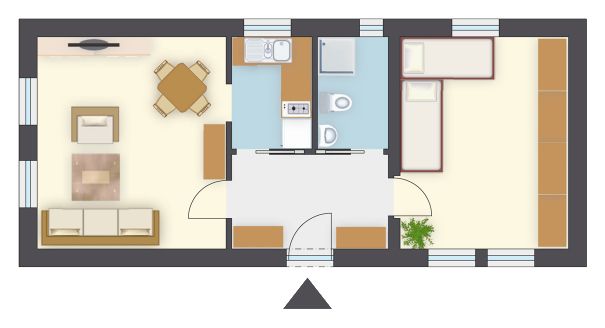 Komfortowy układ funkcjonalny dla 2-3-os. rodziny - projekt domu z 1 sypialnią 13 m²