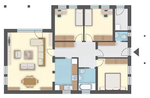 Funkcjonalny i ergonomiczny projekt domu, salon z jadalnią 35 m², 3 sypialnie i pralnia