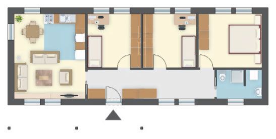 Dom dla 6-os. rodziny idealny na wąską działkę, salon z kuchnią 22 m², 3 sypialnie
