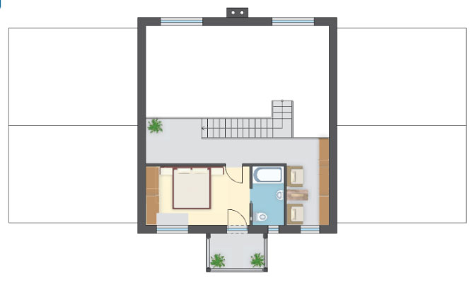 Balkon wsparty na drewnianych słupach, 2-stan. garaż, 3 sypialnie i salon 58 m²