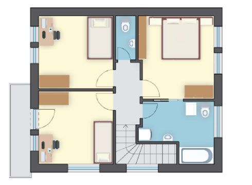 Balkon w domu drewnianym, salon o pow. 21 m², otwarta kuchnia 7 m² i 4 sypialnie