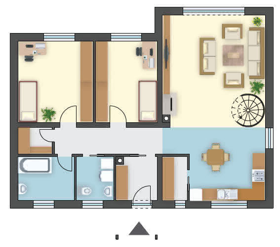 Projekt z antresolą, salon z kominkiem 27 m², 3 sypialnie i kręcone schody w domu