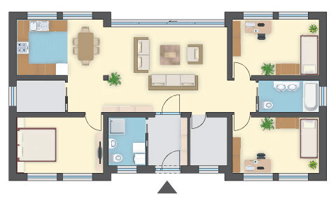 Energooszczędny projekt domu NF15, salon z jadalnią 35 m² i 3 sypialnie po 12 m²