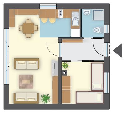Funkcjonalny dom o prostej konstrukcji, salon z kuchnią 27 m² i sypialnia 9 m²