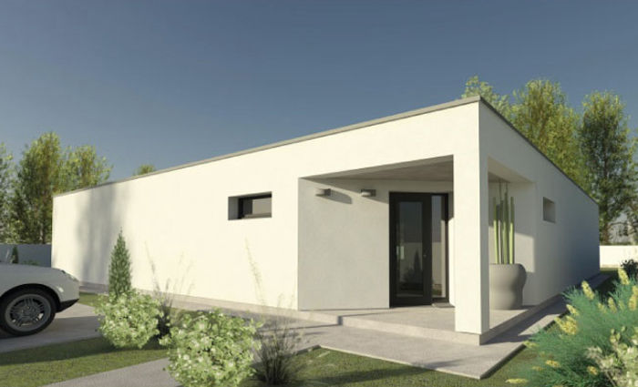Wygodny projekt domu parterowego z płaskim dachem, 116,00 m², kuchnia z wyspą