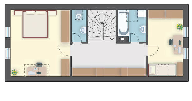 Projekt domu zwieńczony dachem naczółkowym, 3 sypialnie i otwarta kuchnia