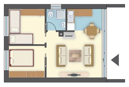 Dom letniskowy, projekt z 2 sypialniami po 8 m² + łazienka 3 m²