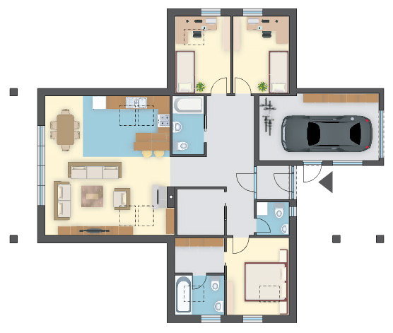 Niezbędne wnętrza do funkcjonowania rodziny: 3 sypialnie, otwarta kuchnia i garaż