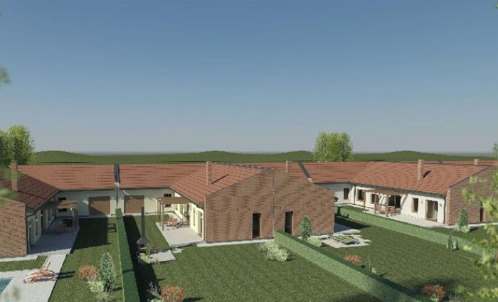 Projekt domu do zabudowy szeregowej, w kształcie litery L, parterowy