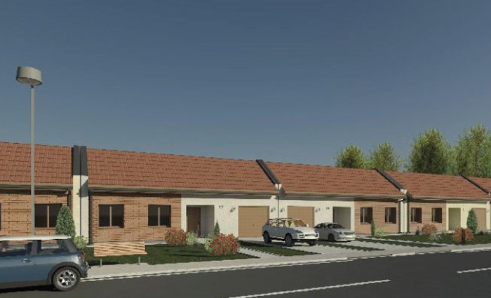Projekt domu do zabudowy szeregowej, w kształcie litery L, parterowy