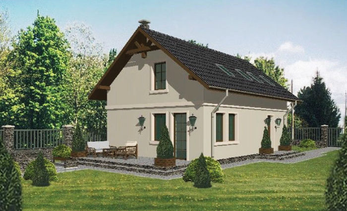 Projekt domu z kalenicą równoległą do drogi, z poddaszem