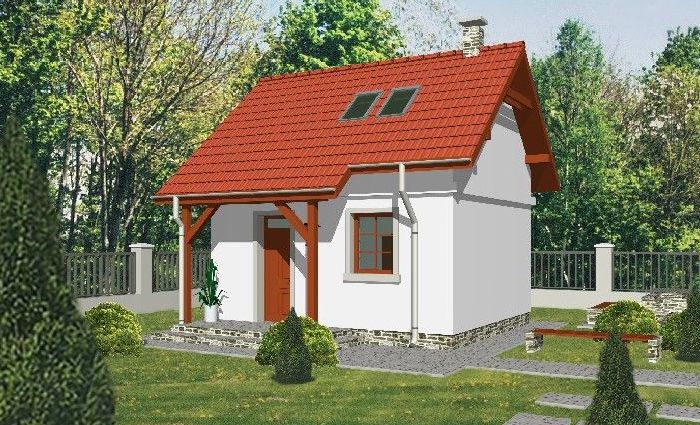 Projekt domu z zadaszoną werandą, letniskowy z poddaszem, dla 3-4-os. rodziny
