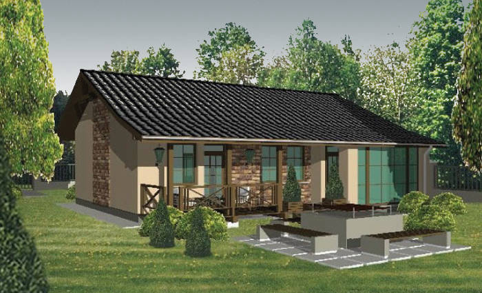 Projekt domu z zabudowaną werandą od salonu, zimowy ogród i taras z drewna