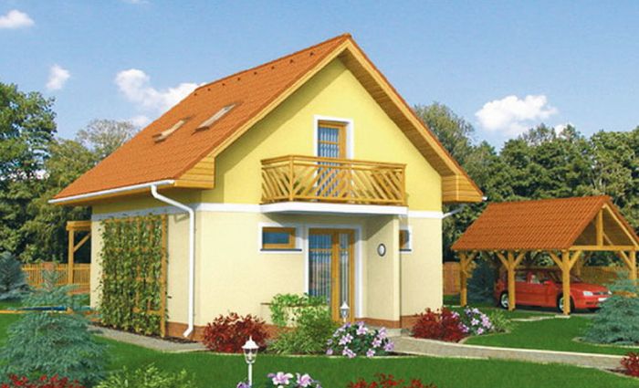 Projekt domu z ażurowym tarasem, 2 sypialnie na poddaszu