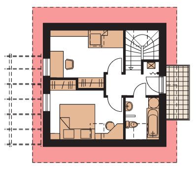 Projekt domu z ażurowym tarasem, 2 sypialnie na poddaszu