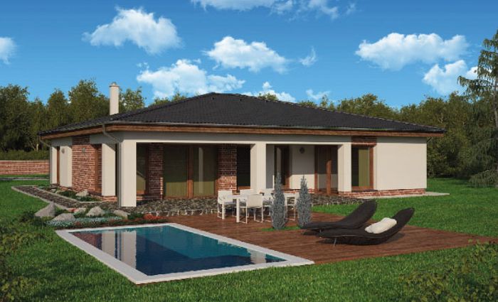Bungalow - prosta bryła domu na planie kwadratu, 3 sypialnie i 2 łazienki