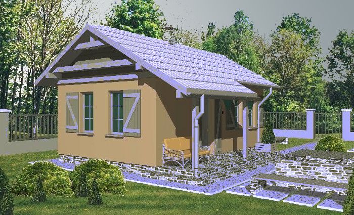 Projekt domu z kolumnami 31,70 m² letniskowy, okiennice drewniane zewnętrzne