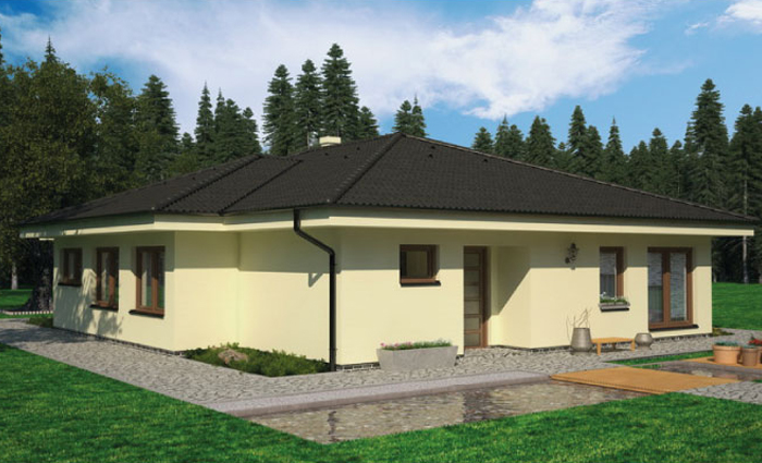 Rozkład pomieszczeń w domu parterowym, 3 sypialnie, gabinet i 2 łazienki