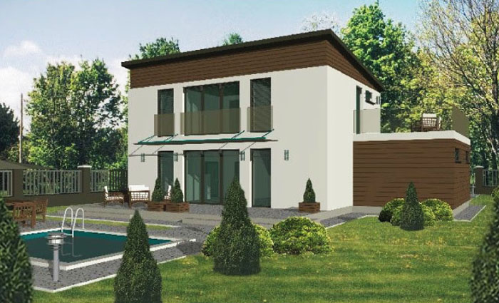Drewniany dom szkieletowy z tarasem o pow. 28 m², master bedroom 21 m²