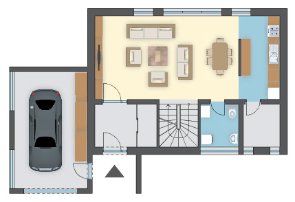 Drewniany dom szkieletowy z tarasem o pow. 28 m², master bedroom 21 m²