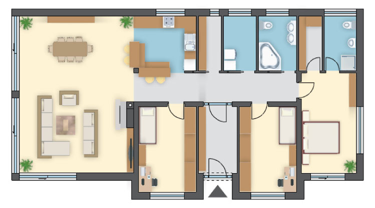 Świerk, modrzew, czy sosna to szeroki wybór elewacji, salon z otwartą kuchnią 50 m²