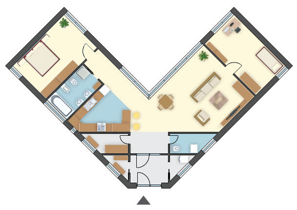 Podcień w narożniku budynku, 2 sypialnie, łazienka o pow. 7 m², 2 garderoby i pralnia