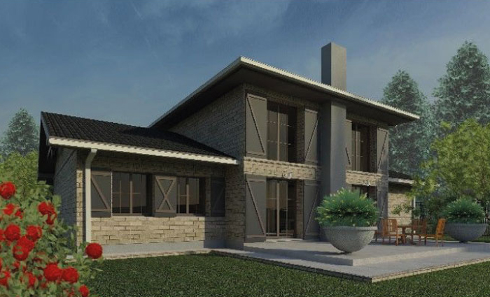 Balkon wsparty na drewnianych słupach, 2-stan. garaż, 3 sypialnie i salon 58 m²