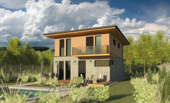 Balkon w domu drewnianym, salon o pow. 21 m², otwarta kuchnia 7 m² i 4 sypialnie
