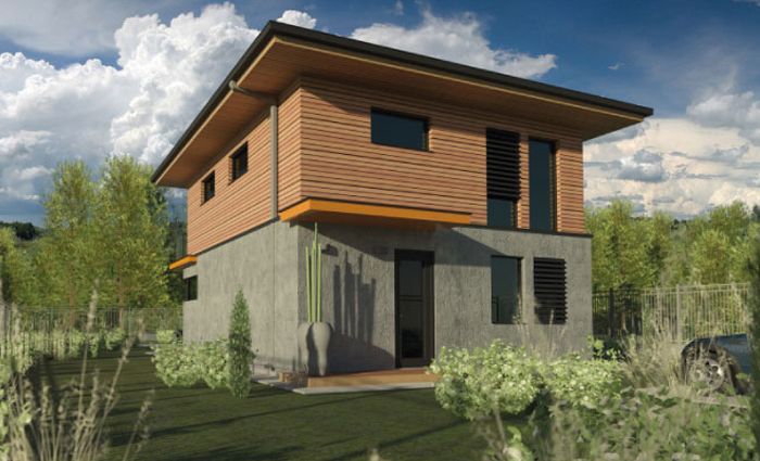 Balkon w domu drewnianym, salon o pow. 21 m², otwarta kuchnia 7 m² i 4 sypialnie