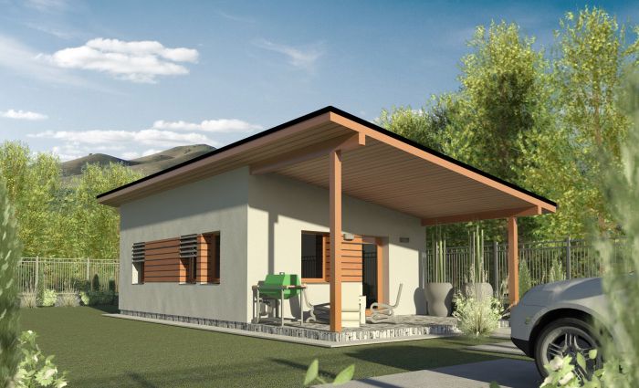 Projekt domku letniskowego na małą działkę, salon z aneksem kuchennym 25 m²