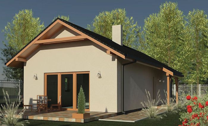Duże okna w salonie, dom parterowy projekt, 2 pokoje z aneksem wypoczynkowym