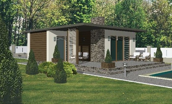 Dom parterowy letniskowy, funkcjonalny, 1 sypialnia 10,5 m² i salon z otwartą kuchnią 21 m²