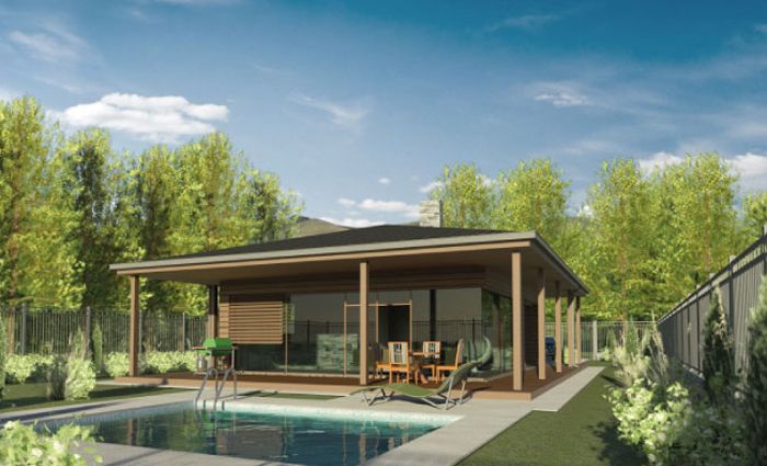 Duże okna w projekcie domu, ekonomiczny z 1 sypialnią