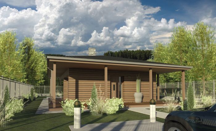 Duże okna w projekcie domu, ekonomiczny z 1 sypialnią