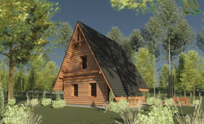 Domek letniskowy drewniany, projekt z poddaszem, 1 sypialnia