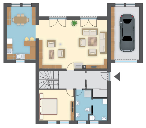 Elewacja drewniana w projekcie domu, 5 sypialni, kuchnia 19 m² i 1-stan. garaż