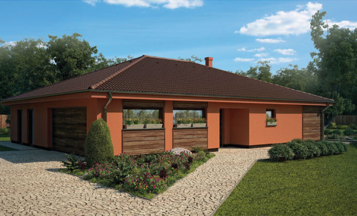 Projekt domu z drewnianym tarasem, 3 sypialnie, 2-st. garaż, parterowy
