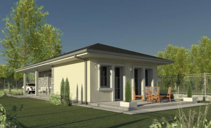 Zadaszenie tarasu, nowoczesny projekt domu, kuchnia ze spiżarką i 2 sypialnie