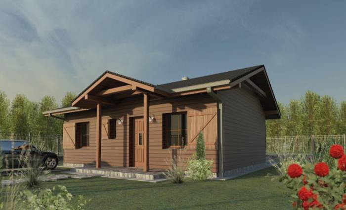 Projekt domu z drewnianą elewacją, letniskowy, salon 18 m² i 2 sypialnie