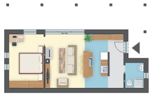Komfortowy układ funkcjonalny dla 2-3-os. rodziny - projekt domu z 1 sypialnią 13 m²